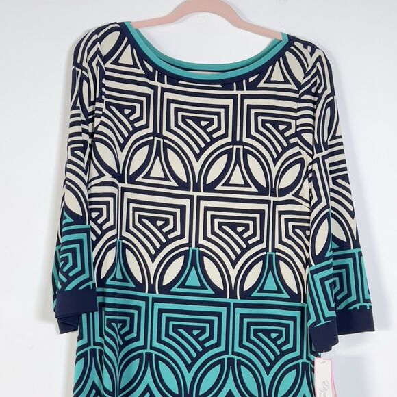 Eliza J Shift Mini Dress Womens Sz 14 Multicolor Geo Print 3/4 Sleeves Boat Neck - Picture 3 of 12